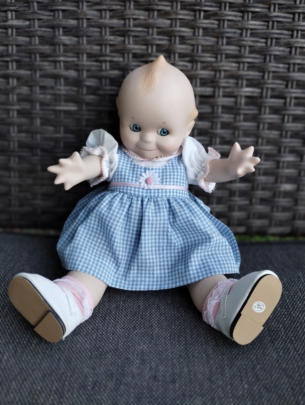 Kewpie Bisque Porcelain Doll Blue Gingham Dress Pink Socks Collectible
